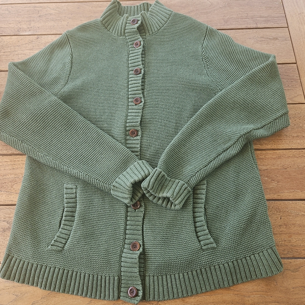 Lands’ End Green Cotton Cardigan Sweater Size 16W–18W Button Front